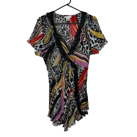 Alberto Makali Women Blouse Black Multicolor Wrinkle‎ Stretchy Size XL Goth Dark - Picture 1 of 7